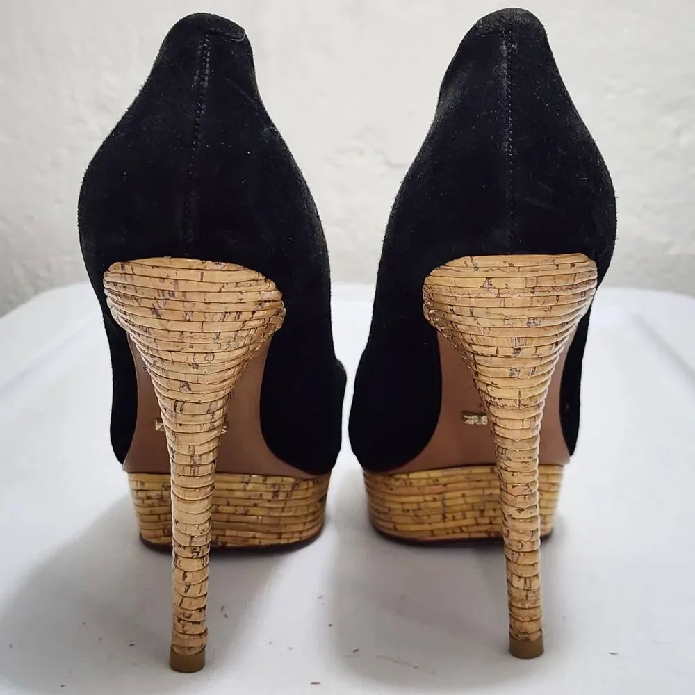 SCHUTZ Black Suede Peep Toe Platform Stiletto Heels Cork Bamboo Texture Pumps 9B